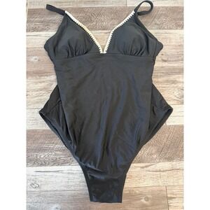 Kona‎ Sol Black One Piece Swimsuit White Trim Sz L Women's